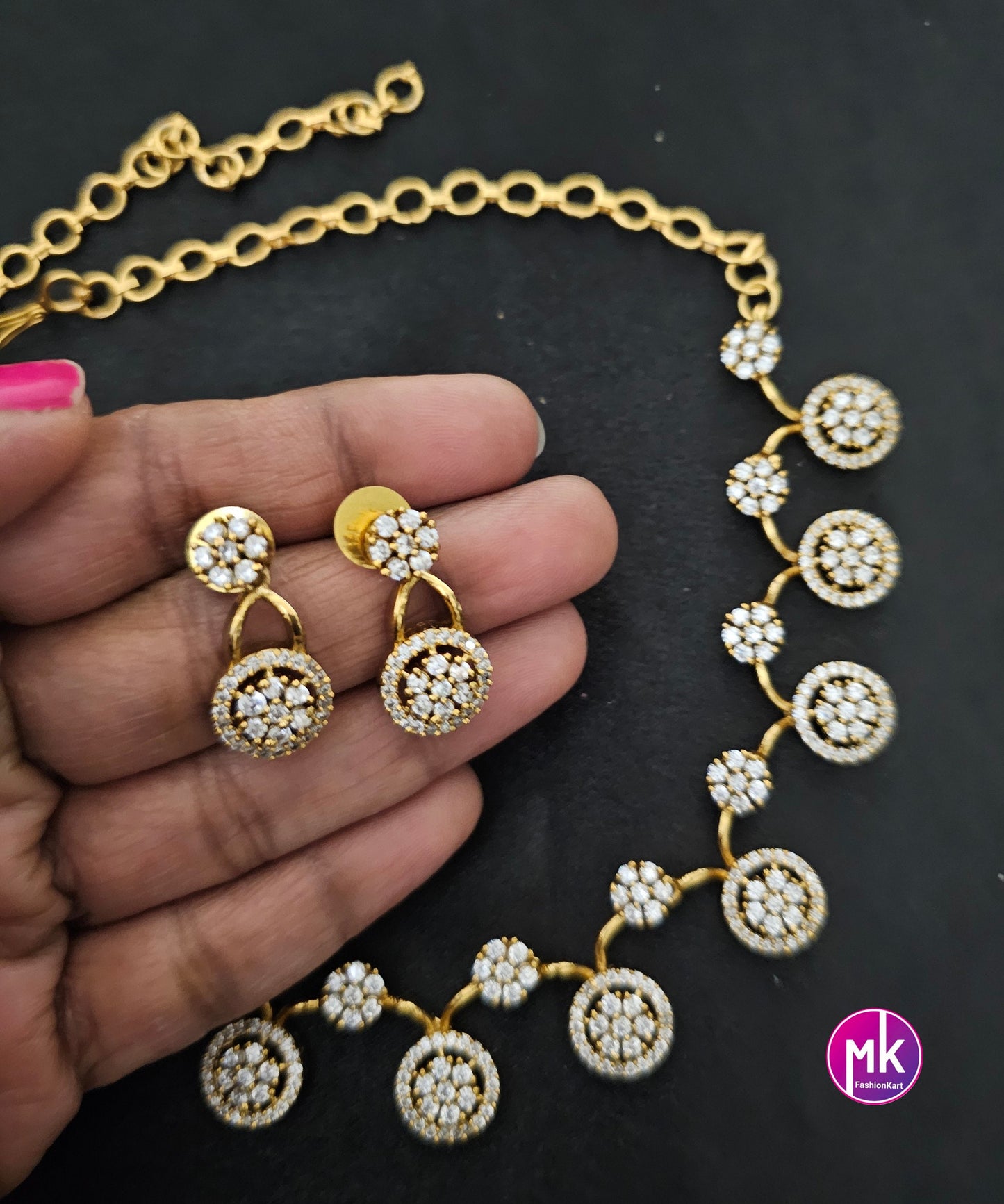 Flower type Matte Gold finish AD stone necklace w matching Earrings - Traditional Trendy Necklace - Adult cum Teen Necklace - MK Fashionkart