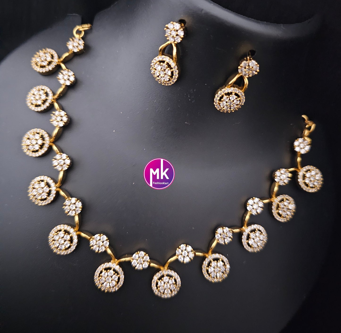 Flower type Matte Gold finish AD stone necklace w matching Earrings - Traditional Trendy Necklace - Adult cum Teen Necklace - MK Fashionkart