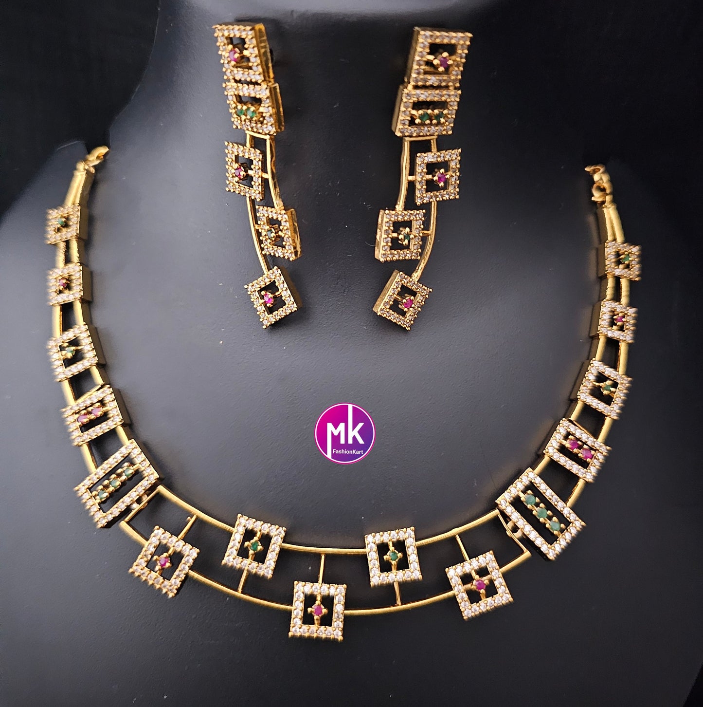 Premium Unique design matte gold finish AD/CZ stone necklace w matching Earrings - Adult cum Teen Necklace - Trendy Jewelry - MK Fashionkart
