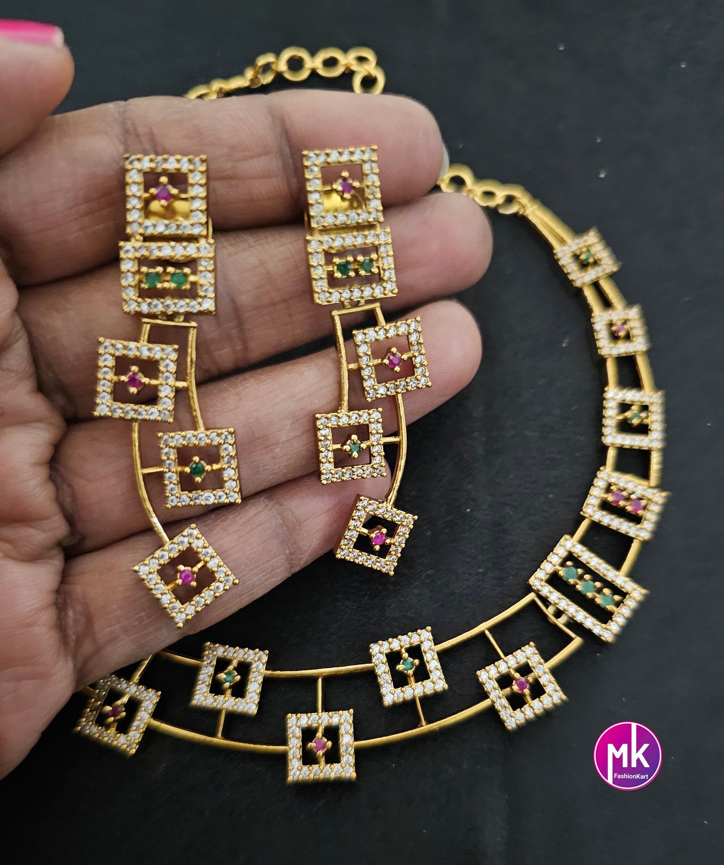 Premium Unique design matte gold finish AD/CZ stone necklace w matching Earrings - Adult cum Teen Necklace - Trendy Jewelry - MK Fashionkart