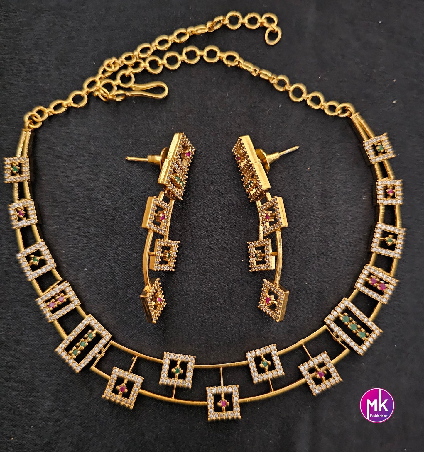 Premium Unique design matte gold finish AD/CZ stone necklace w matching Earrings - Adult cum Teen Necklace - Trendy Jewelry - MK Fashionkart