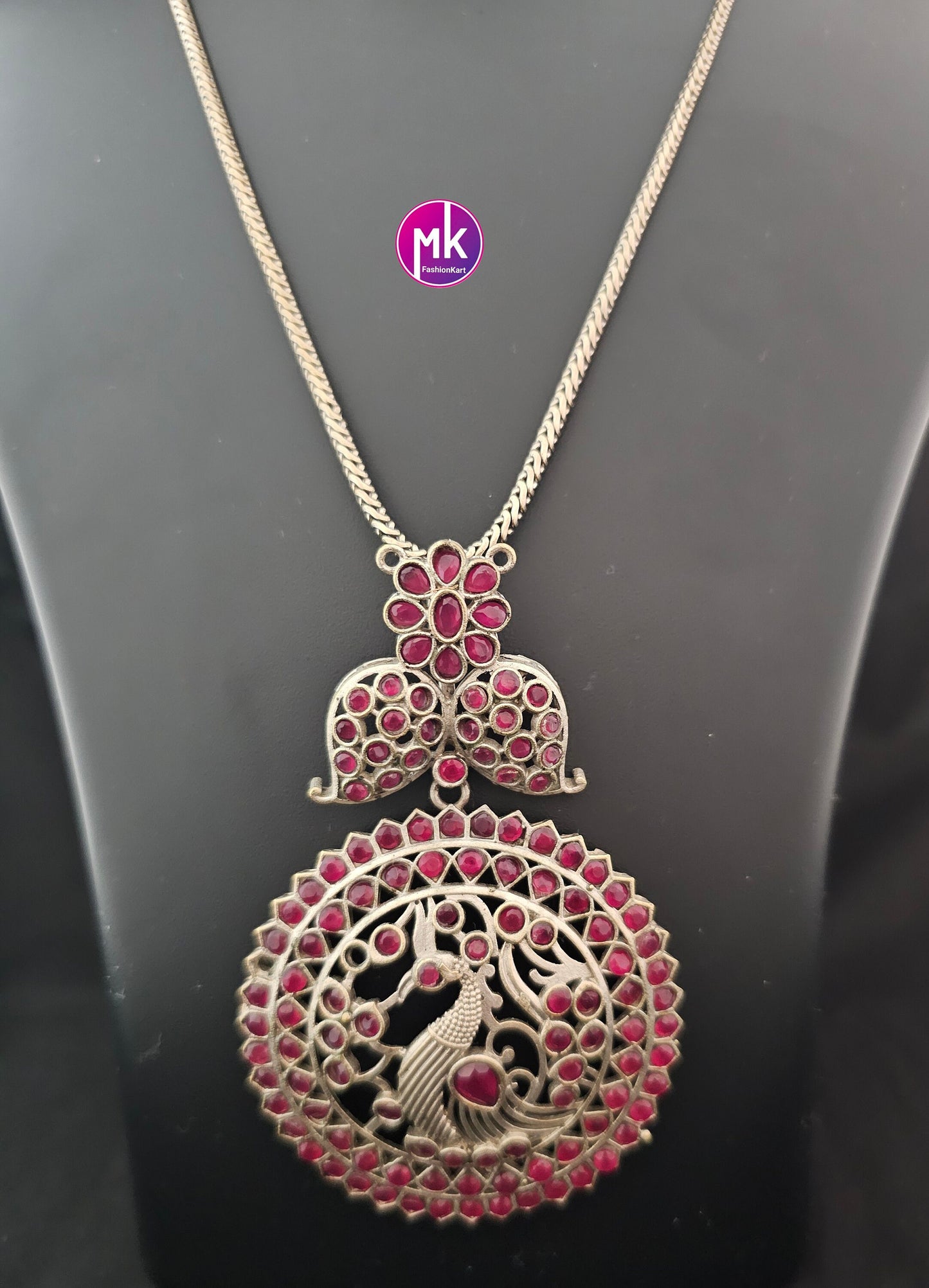 Peacock design oxidized silver pink stone chain with big pendent matching Earrings - MK Fashionkart - Fashion Jewelry