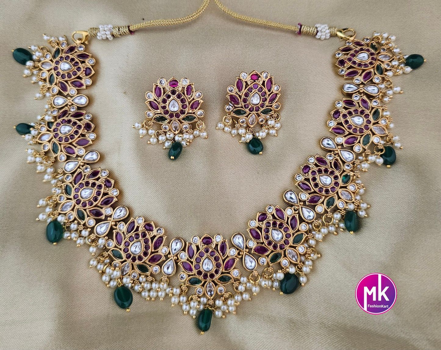 Premium Quality Matte gold finish beautiful lotus design kemp stone Necklace with matching Earrings - MK Fashionkart - Fashion Jewelry