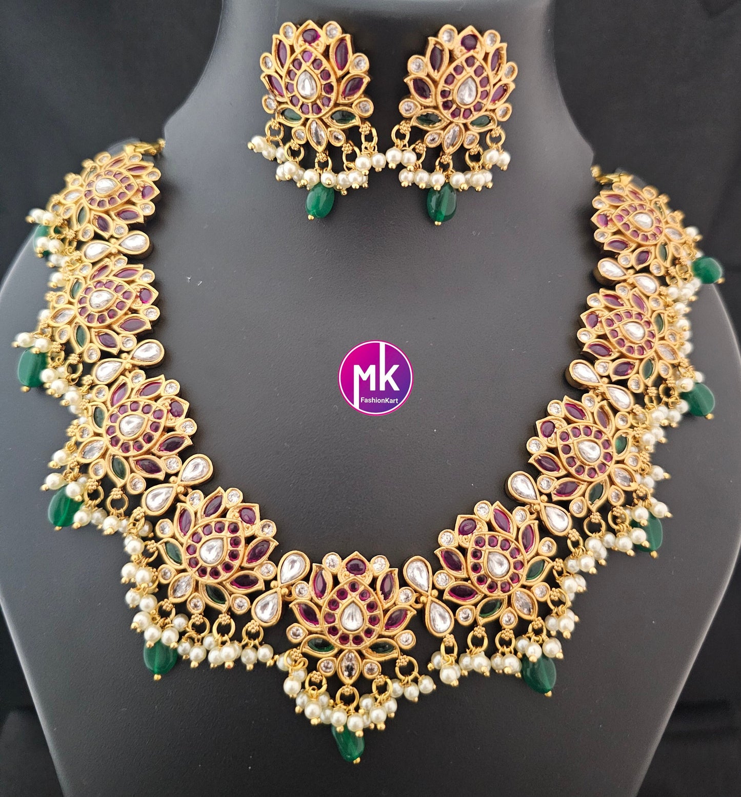 Premium Quality Matte gold finish beautiful lotus design kemp stone Necklace with matching Earrings - MK Fashionkart - Fashion Jewelry