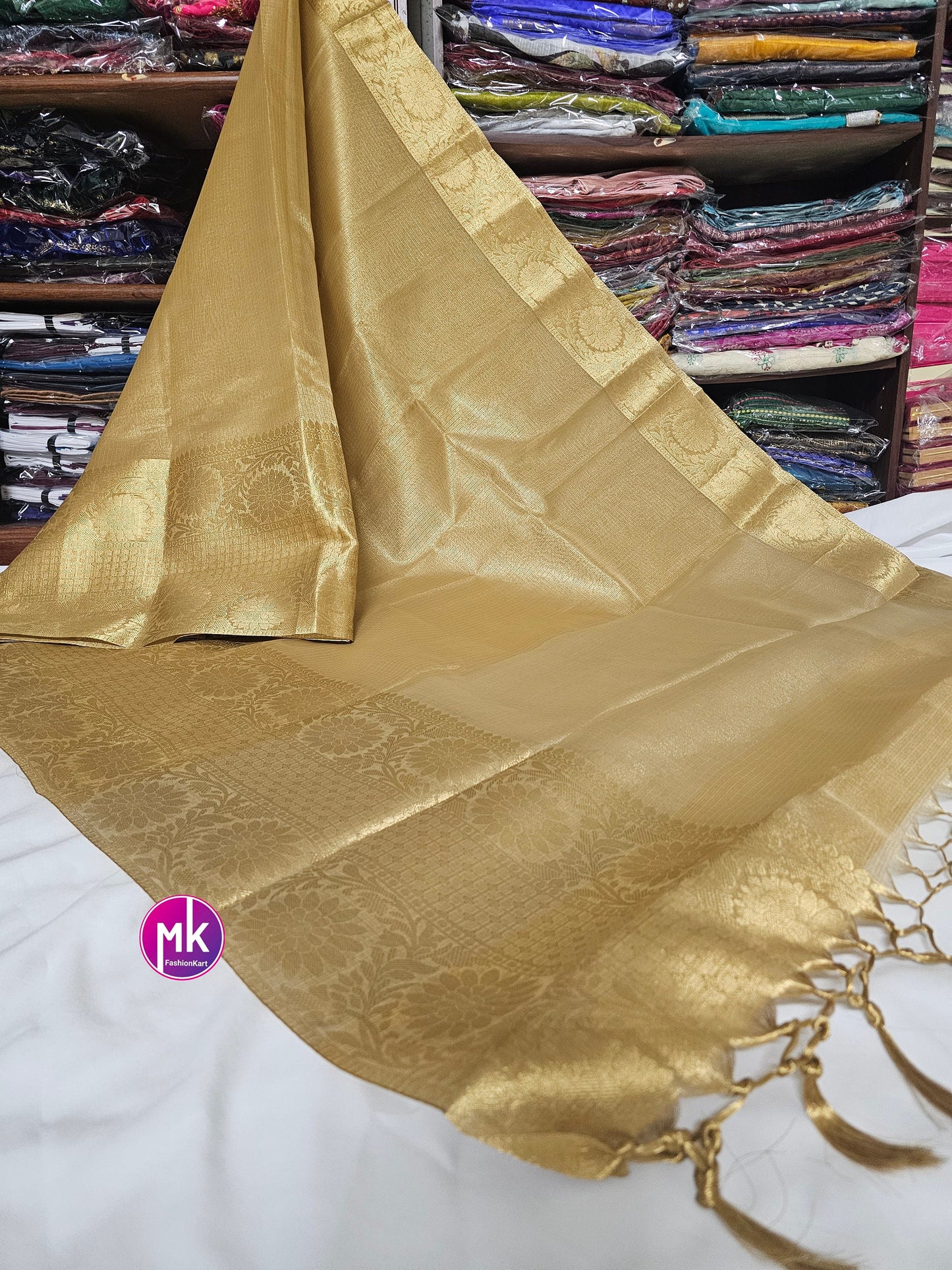 Celebrity Style Golden Soft tissue silk saree w rich pallu - Saree w running blouse (unstitched) - Beautiful Golden Saree - MK Fashionkart