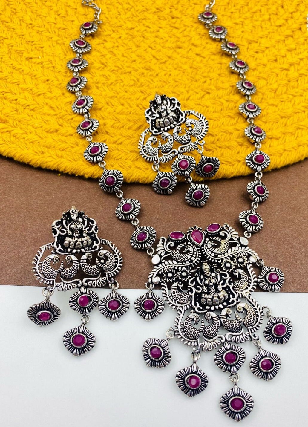 Lakshmi oxidized Silver Pink stone Middle Haram with matching Big Earrings - MK Fashionkart - Fashion Jewelry