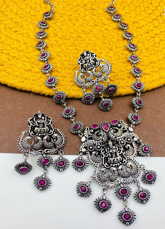 Lakshmi oxidized Silver Pink stone Middle Haram with matching Big Earrings - MK Fashionkart - Fashion Jewelry