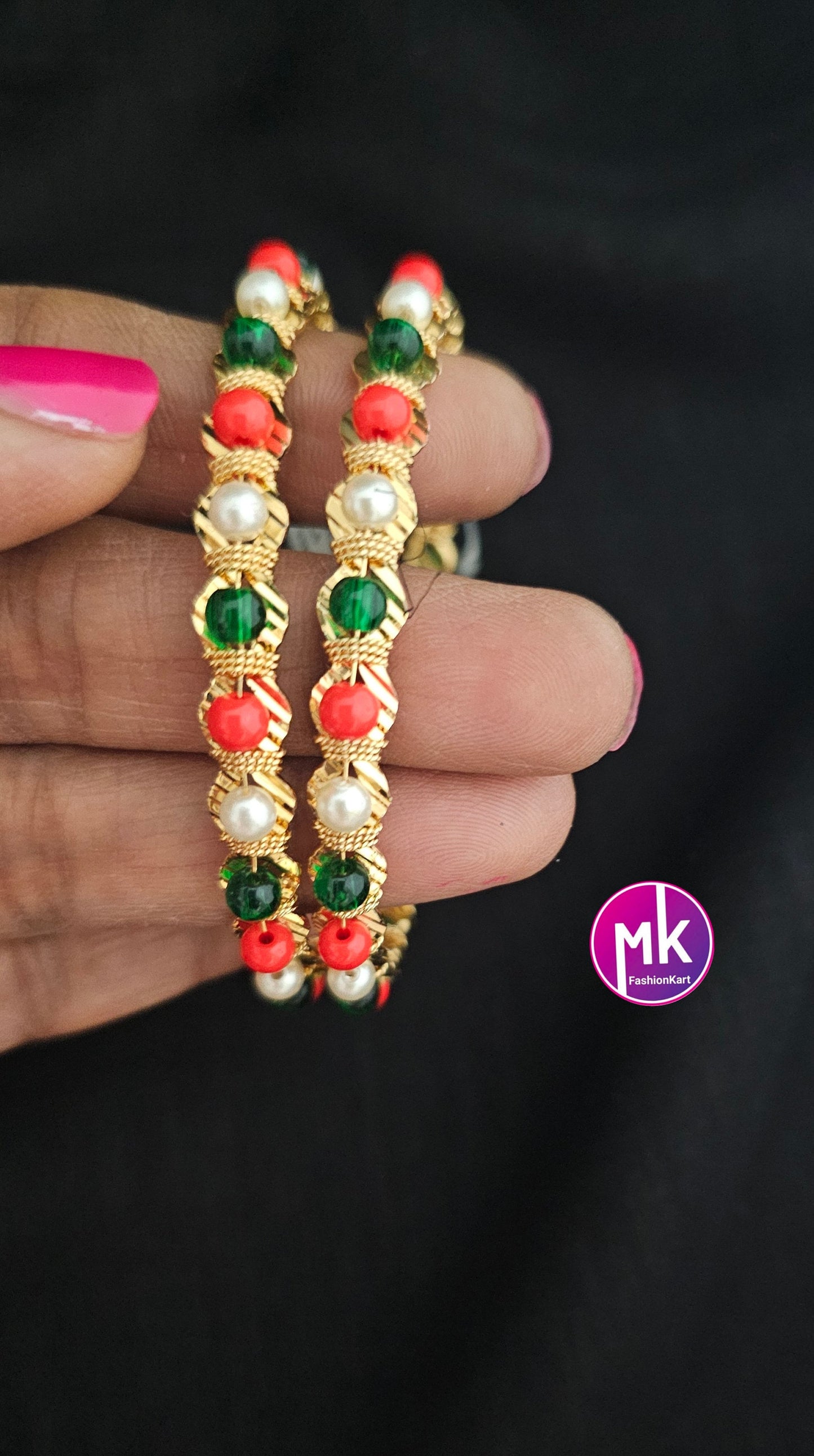Premium quality gold finish pearl Bangles - Set of 2 bangles - Size 2.4, 2.6 - Fashion Jewelry - MK Fashionkart