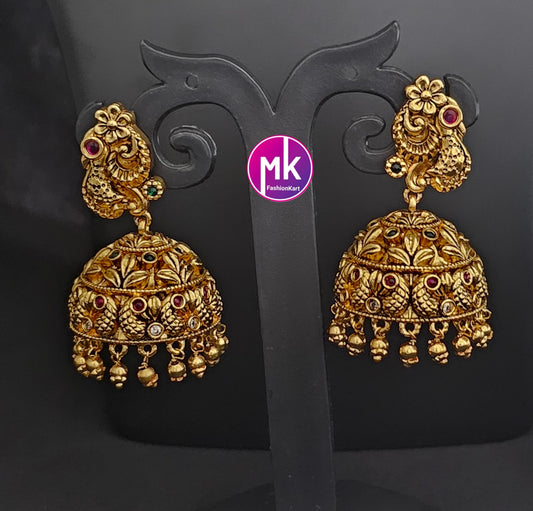 Peacock Premium Quality Gold finish AD stone Jhumka with Hanging gold balls - MK Fashionkart - Fashion Jewelry