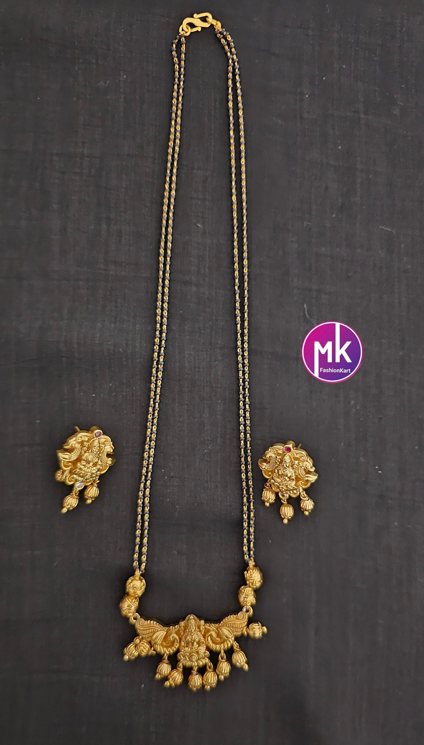 Lakshmi design premium quality Matte Gold finish Nagas design Mangalsutra Chain with matching Earrings - MK Fashionkart - Fashion Jewelry
