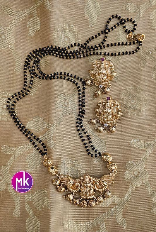 Lakshmi design premium quality Matte Gold finish Nagas design Mangalsutra Chain with matching Earrings - MK Fashionkart - Fashion Jewelry