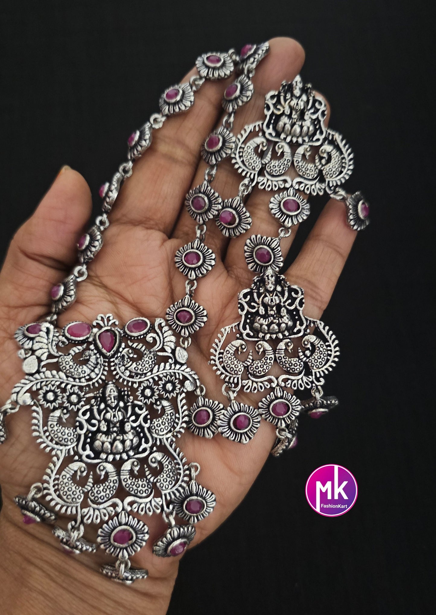 Lakshmi oxidized Silver Pink stone Middle Haram with matching Big Earrings - MK Fashionkart - Fashion Jewelry