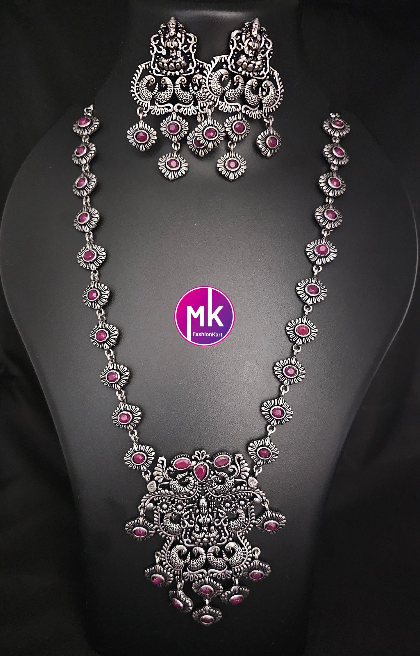 Lakshmi oxidized Silver Pink stone Middle Haram with matching Big Earrings - MK Fashionkart - Fashion Jewelry