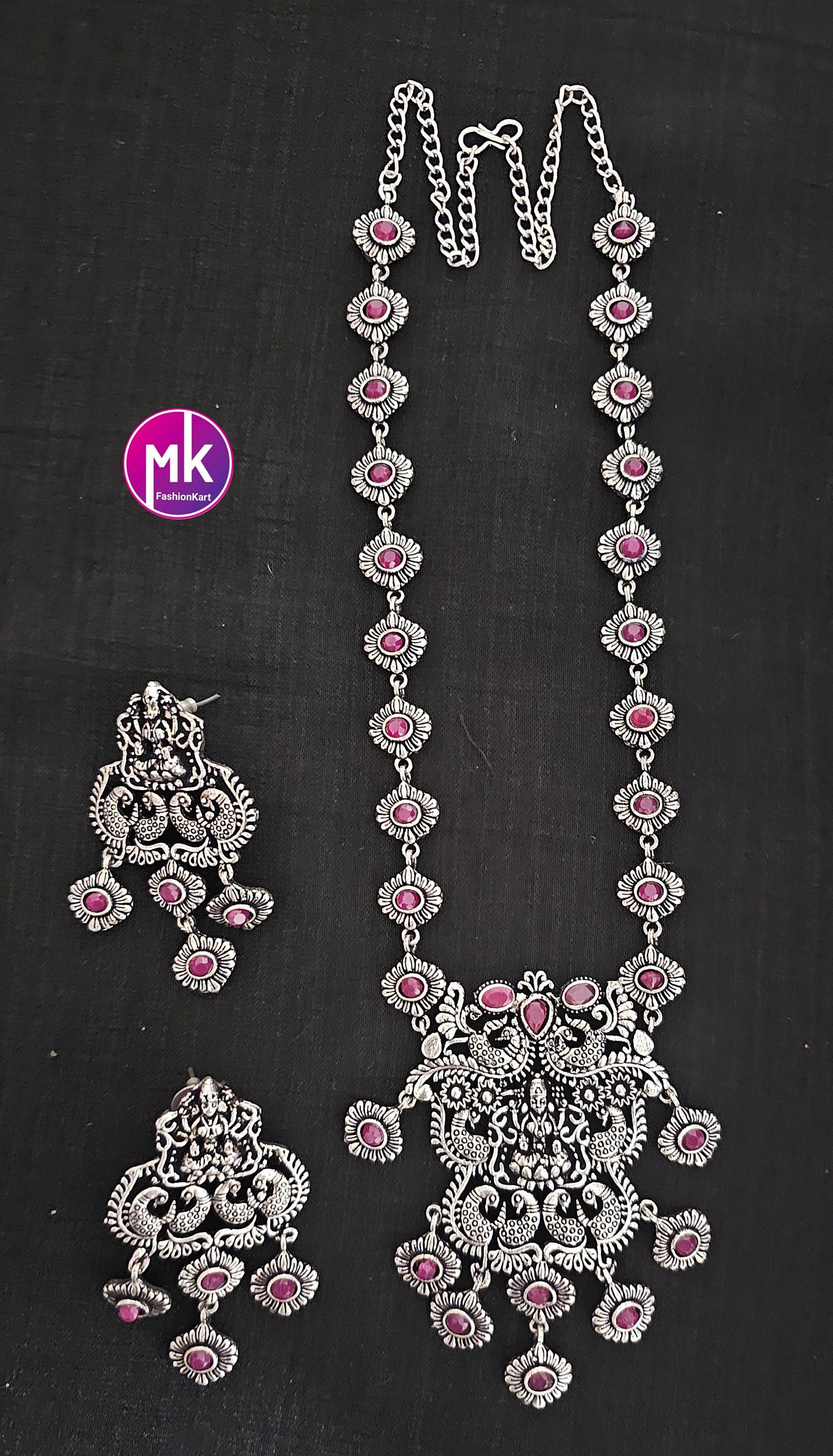 Lakshmi oxidized Silver Pink stone Middle Haram with matching Big Earrings - MK Fashionkart - Fashion Jewelry