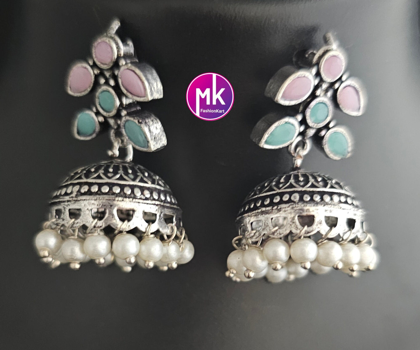 Leaves design Oxidized silver baby pink and teel blue stone Haram with matching long Jhumka - MK Fashionkart - Fashion Jewelry