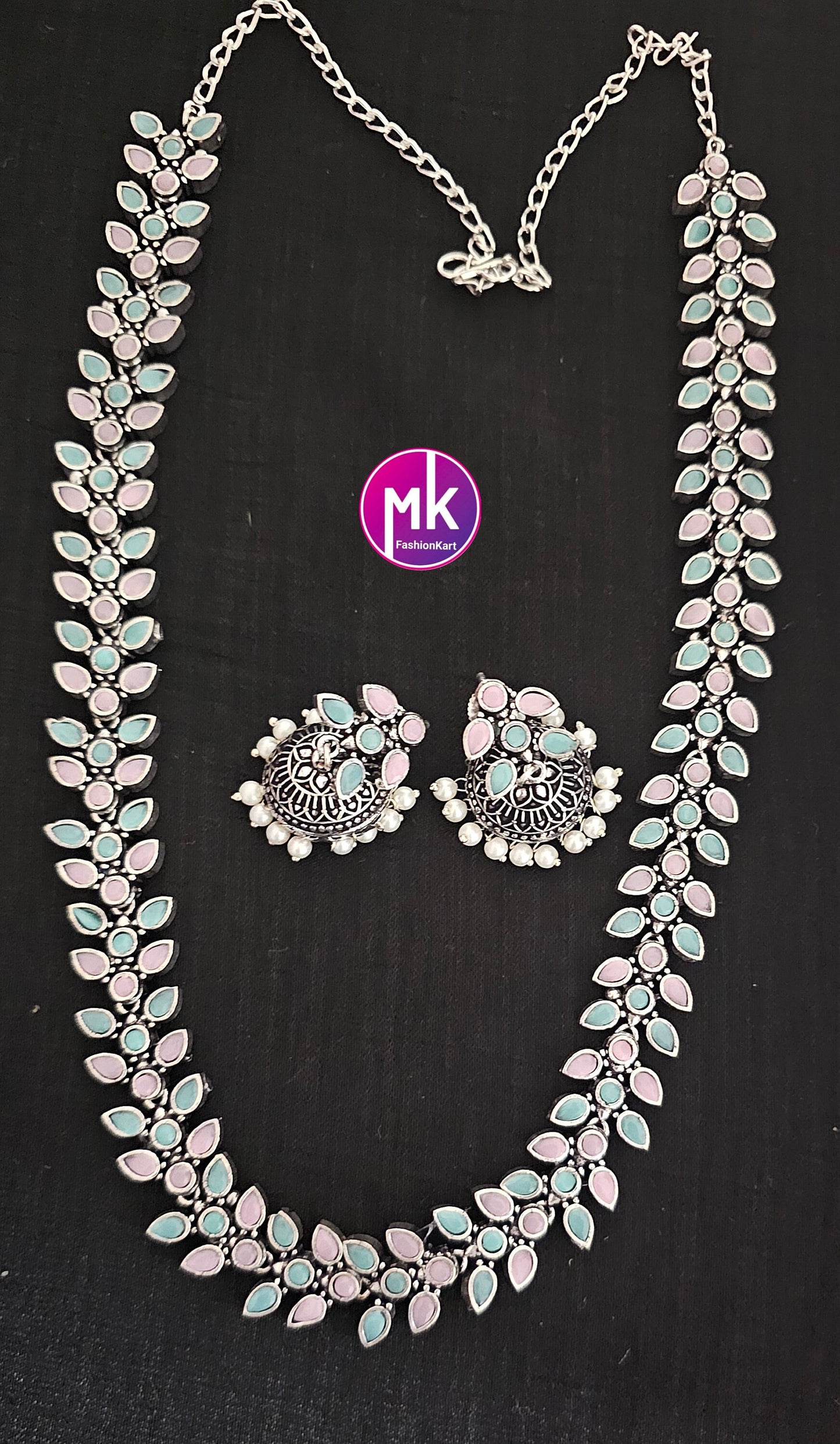 Leaves design Oxidized silver baby pink and teel blue stone Haram with matching long Jhumka - MK Fashionkart - Fashion Jewelry