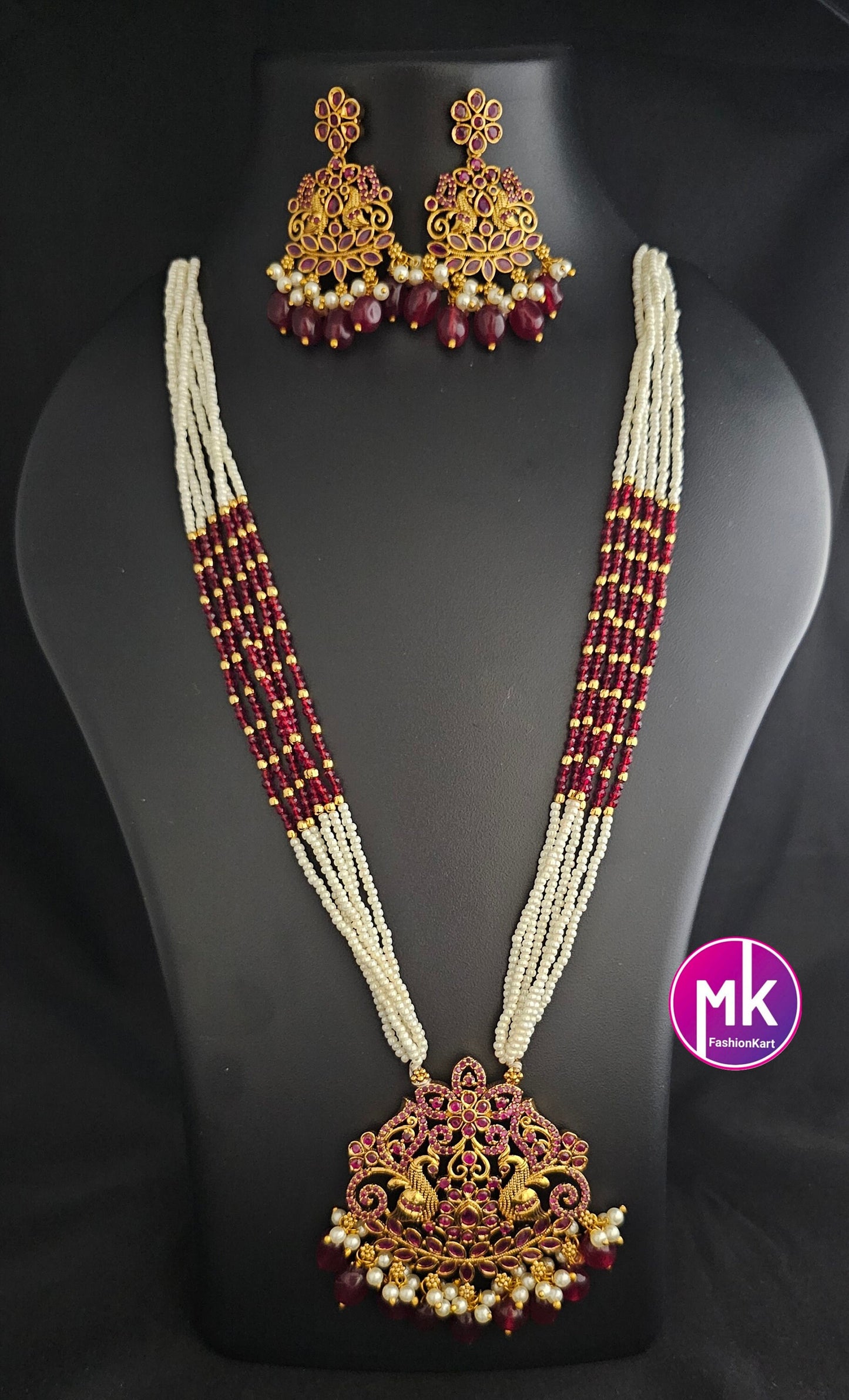 Peacock Premium Quality Multi-layer piroyi pearls and fine crystal beads long mala with Beautiful Earrings