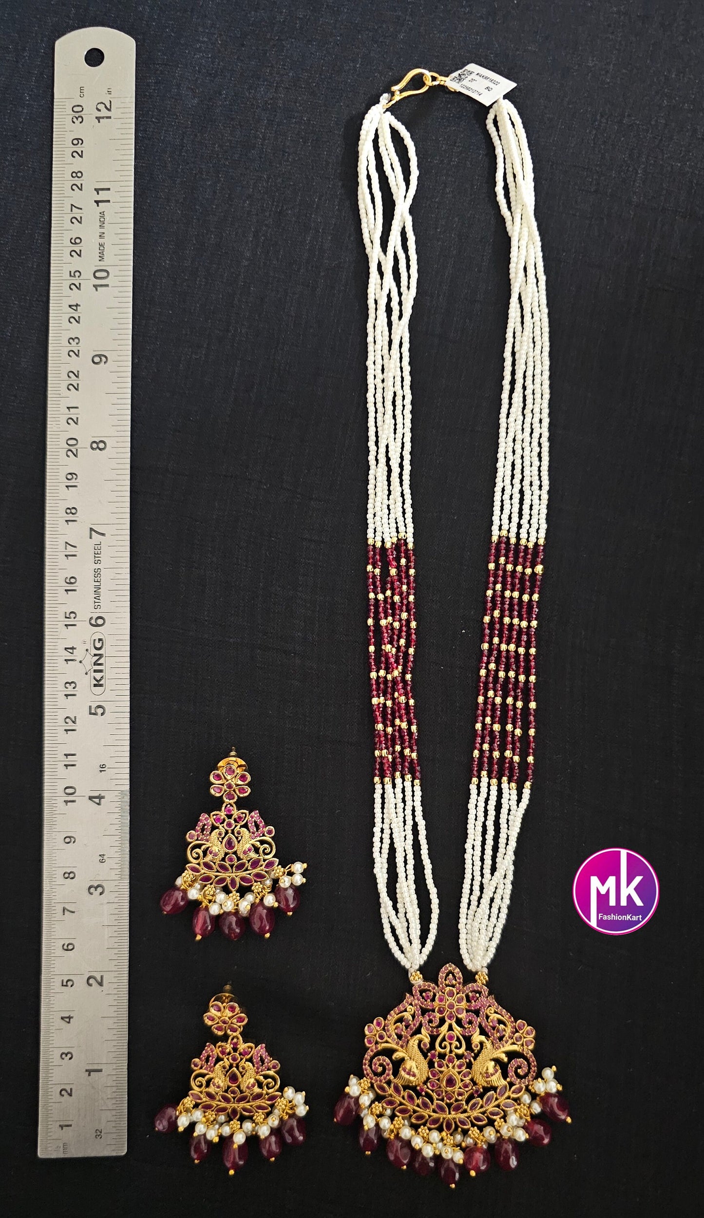 Peacock Premium Quality Multi-layer piroyi pearls and fine crystal beads long mala with Beautiful Earrings