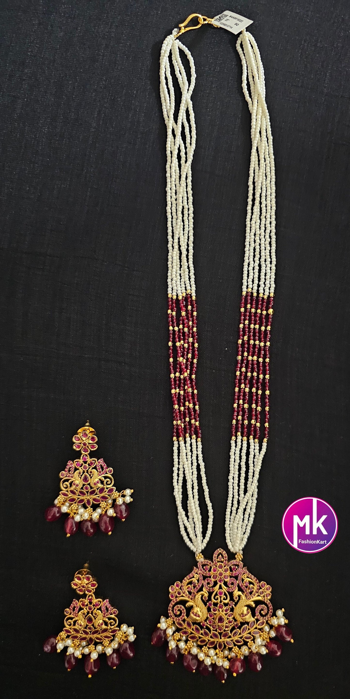 Peacock Premium Quality Multi-layer piroyi pearls and fine crystal beads long mala with Beautiful Earrings