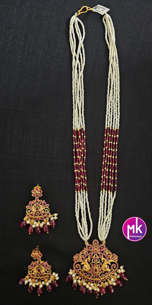 Peacock Premium Quality Multi-layer piroyi pearls and fine crystal beads long mala with Beautiful Earrings