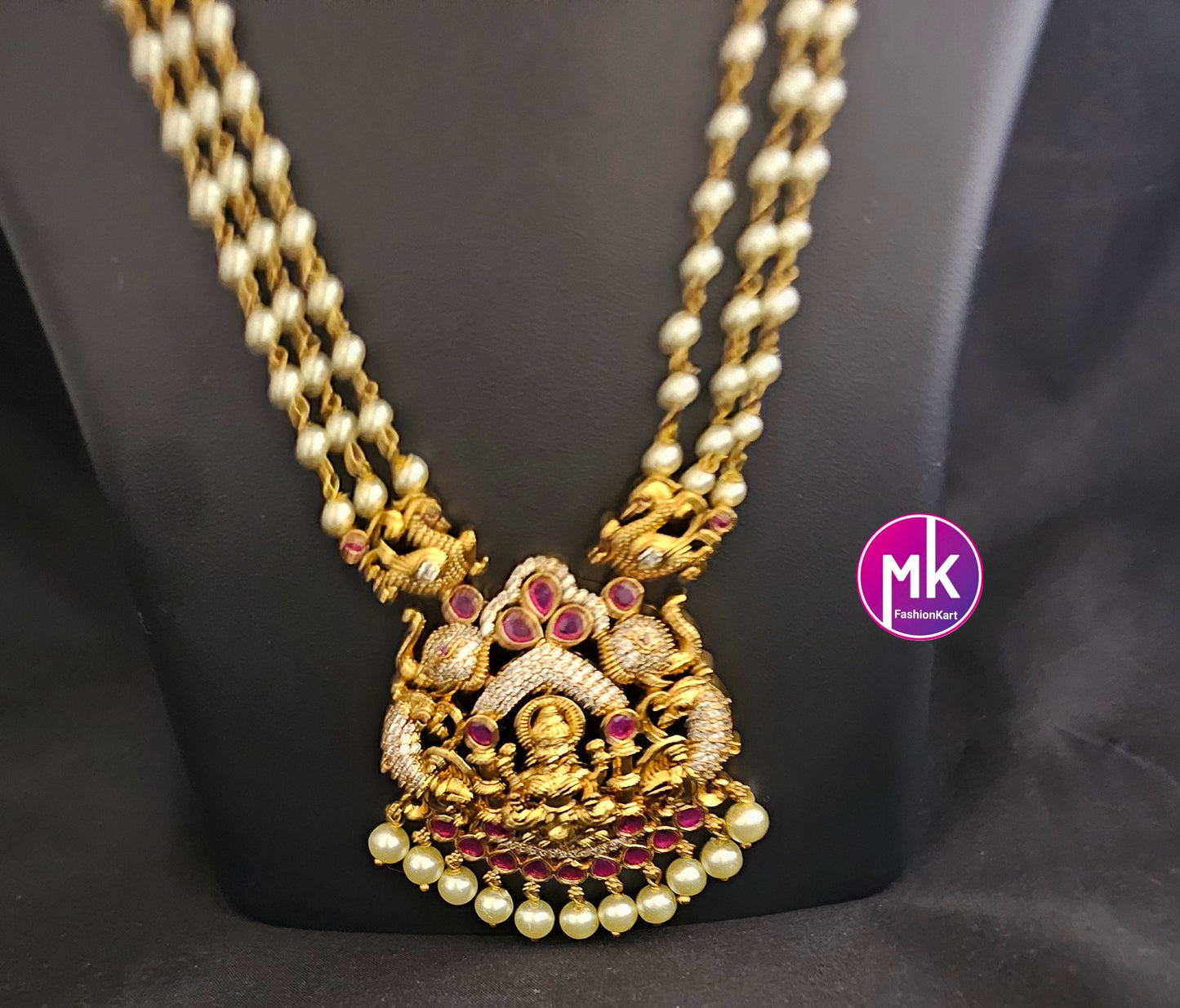 Lakshmi Peacock Premium quality Pendent with multi-layer Pearl mala - AD and Kemp stone long mala with matching Earrings - MK Fashionkart