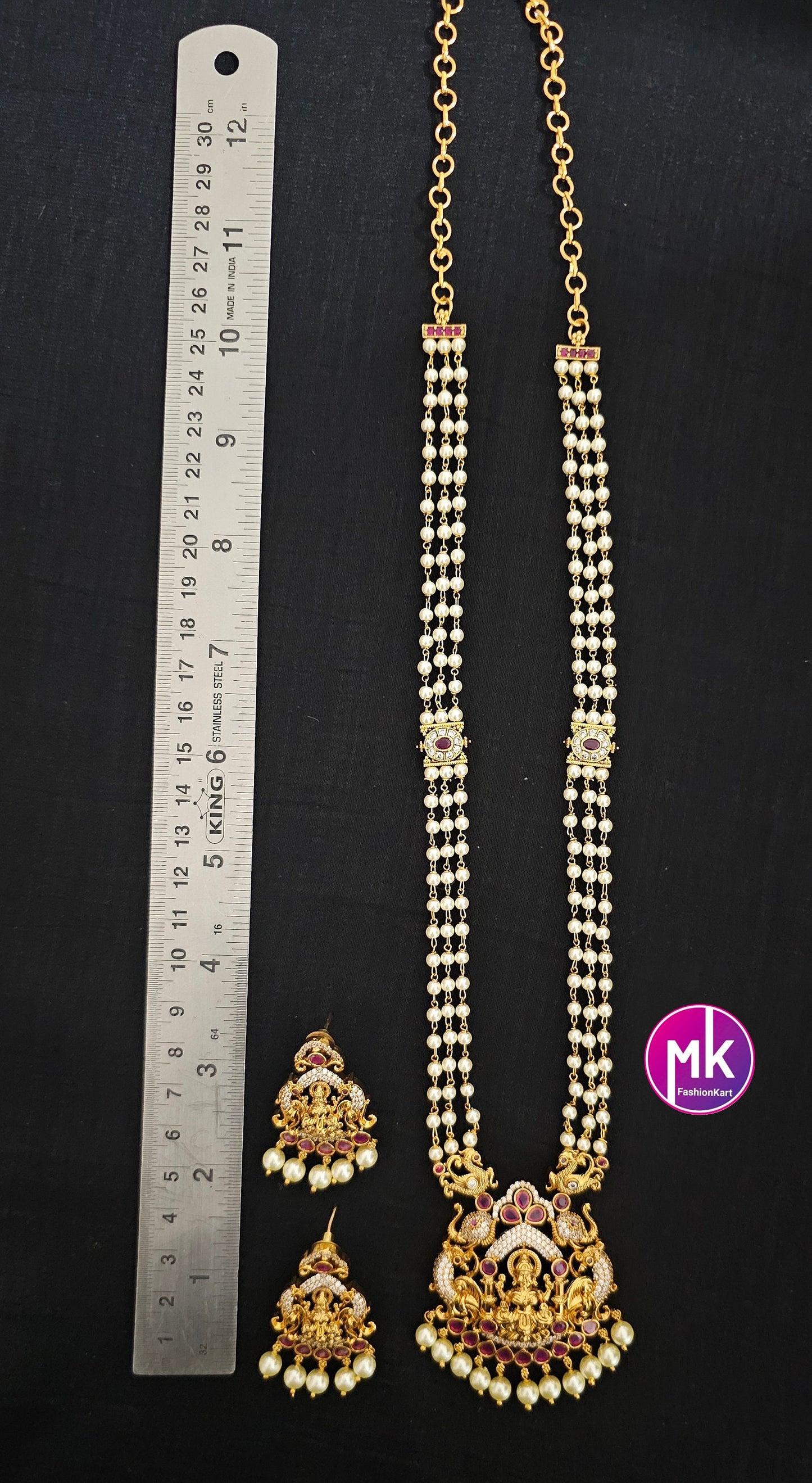 Lakshmi Peacock Premium quality Pendent with multi-layer Pearl mala - AD and Kemp stone long mala with matching Earrings - MK Fashionkart