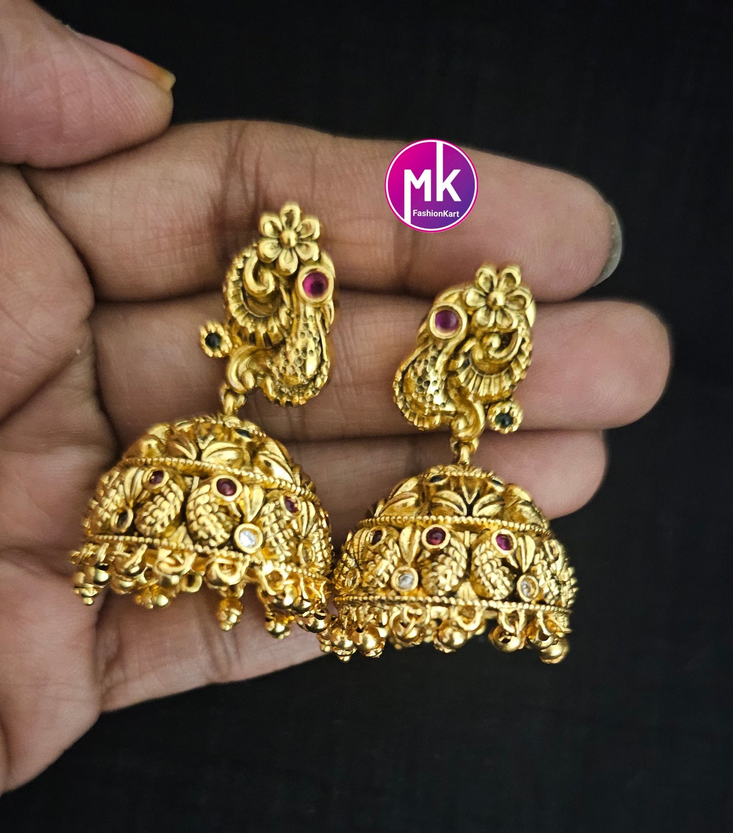 Peacock Premium Quality Gold finish AD stone Jhumka with Hanging gold balls - MK Fashionkart - Fashion Jewelry