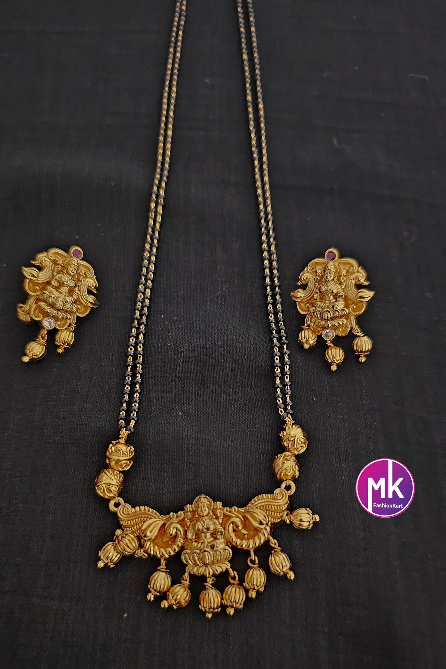 Lakshmi design premium quality Matte Gold finish Nagas design Mangalsutra Chain with matching Earrings - MK Fashionkart - Fashion Jewelry