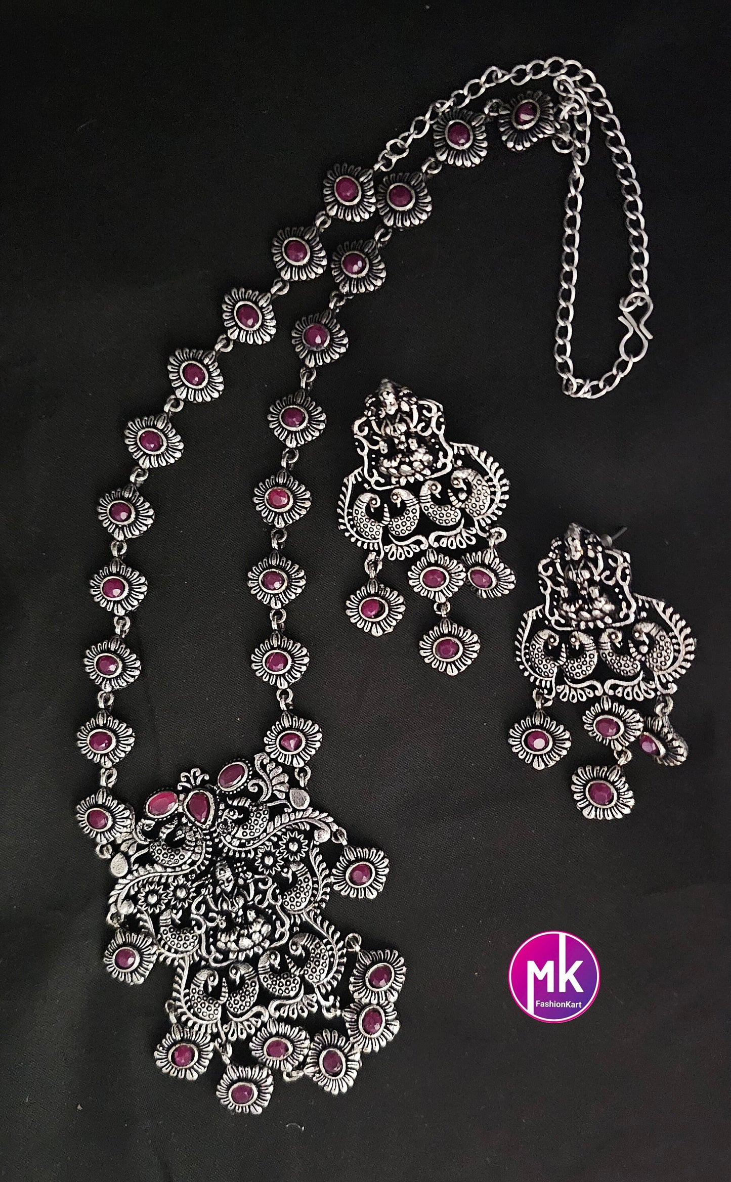 Lakshmi oxidized Silver Pink stone Middle Haram with matching Big Earrings - MK Fashionkart - Fashion Jewelry