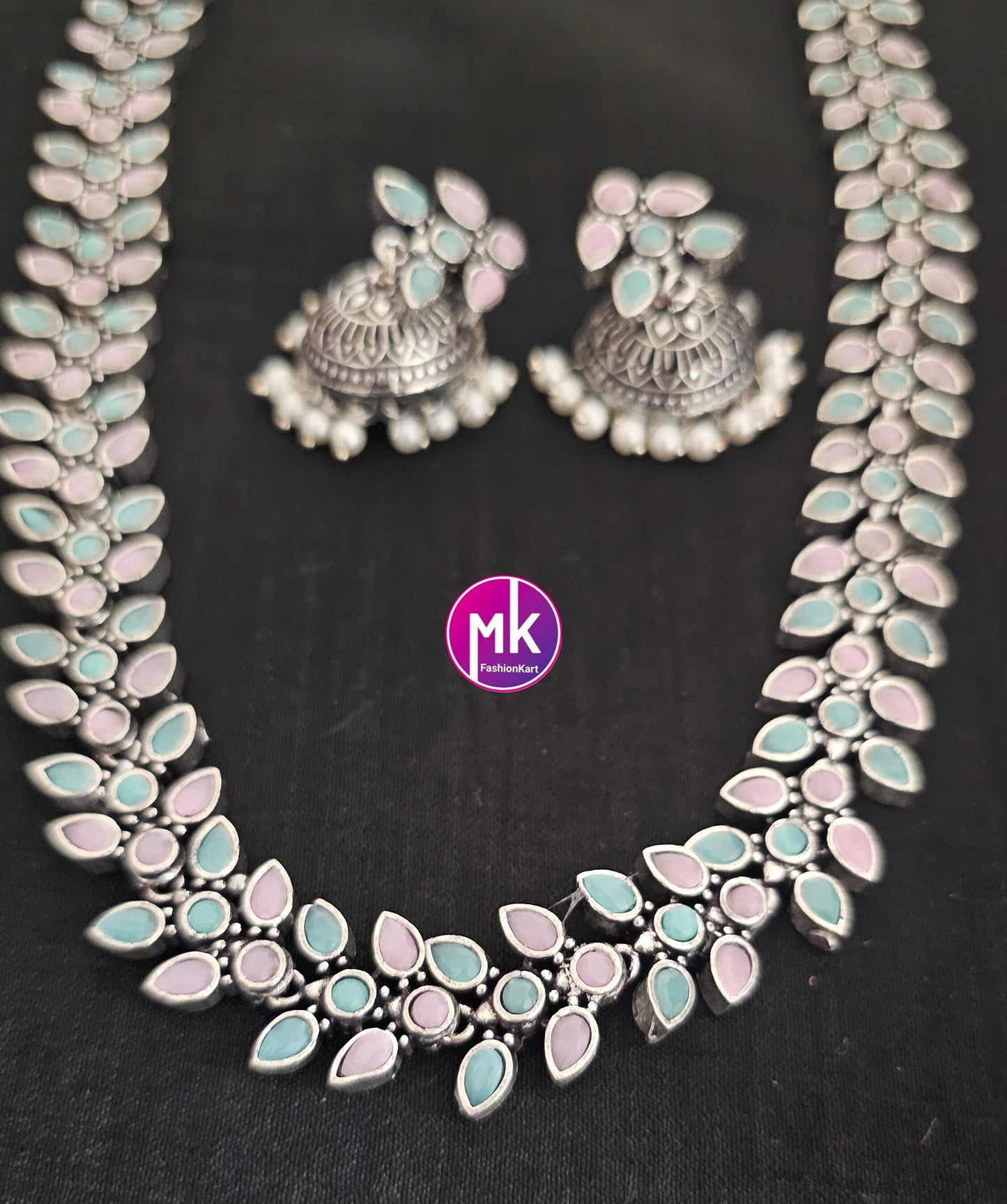 Leaves design Oxidized silver baby pink and teel blue stone Haram with matching long Jhumka - MK Fashionkart - Fashion Jewelry
