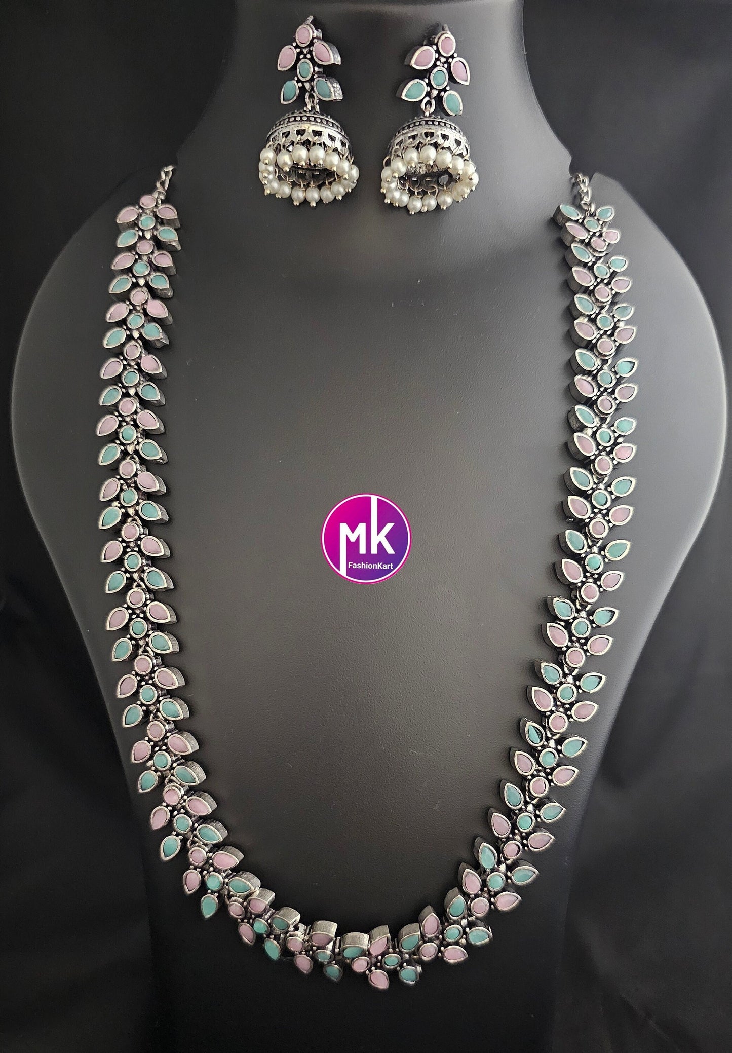 Leaves design Oxidized silver baby pink and teel blue stone Haram with matching long Jhumka - MK Fashionkart - Fashion Jewelry