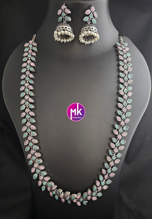 Leaves design Oxidized silver baby pink and teel blue stone Haram with matching long Jhumka - MK Fashionkart - Fashion Jewelry