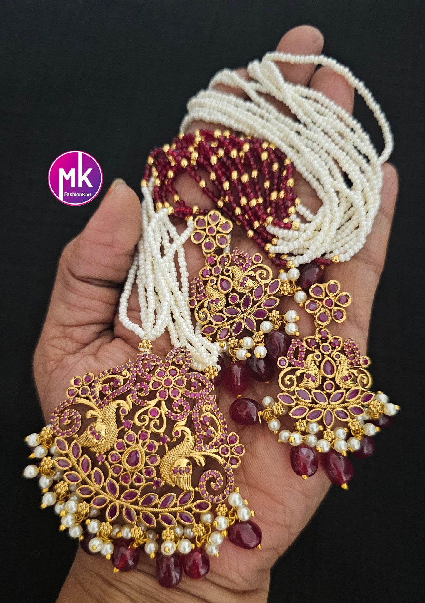 Peacock Premium Quality Multi-layer piroyi pearls and fine crystal beads long mala with Beautiful Earrings