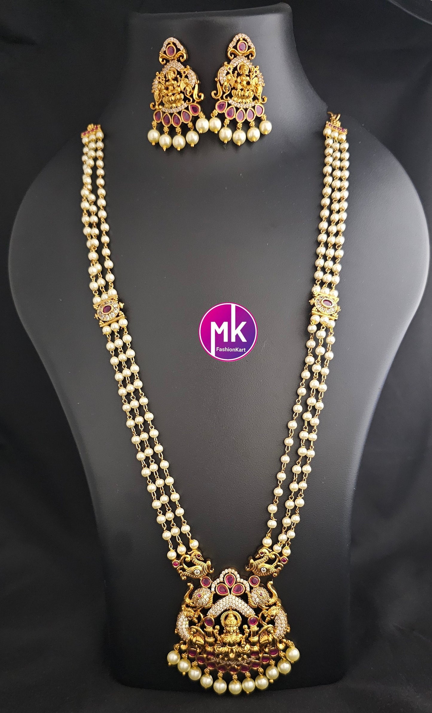 Lakshmi Peacock Premium quality Pendent with multi-layer Pearl mala - AD and Kemp stone long mala with matching Earrings - MK Fashionkart