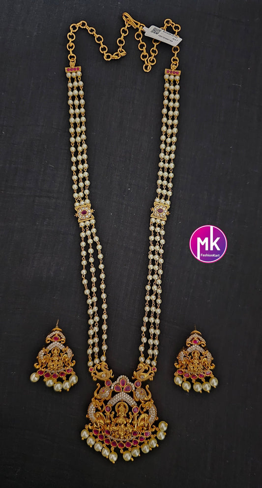 Lakshmi Peacock Premium quality Pendent with multi-layer Pearl mala - AD and Kemp stone long mala with matching Earrings - MK Fashionkart