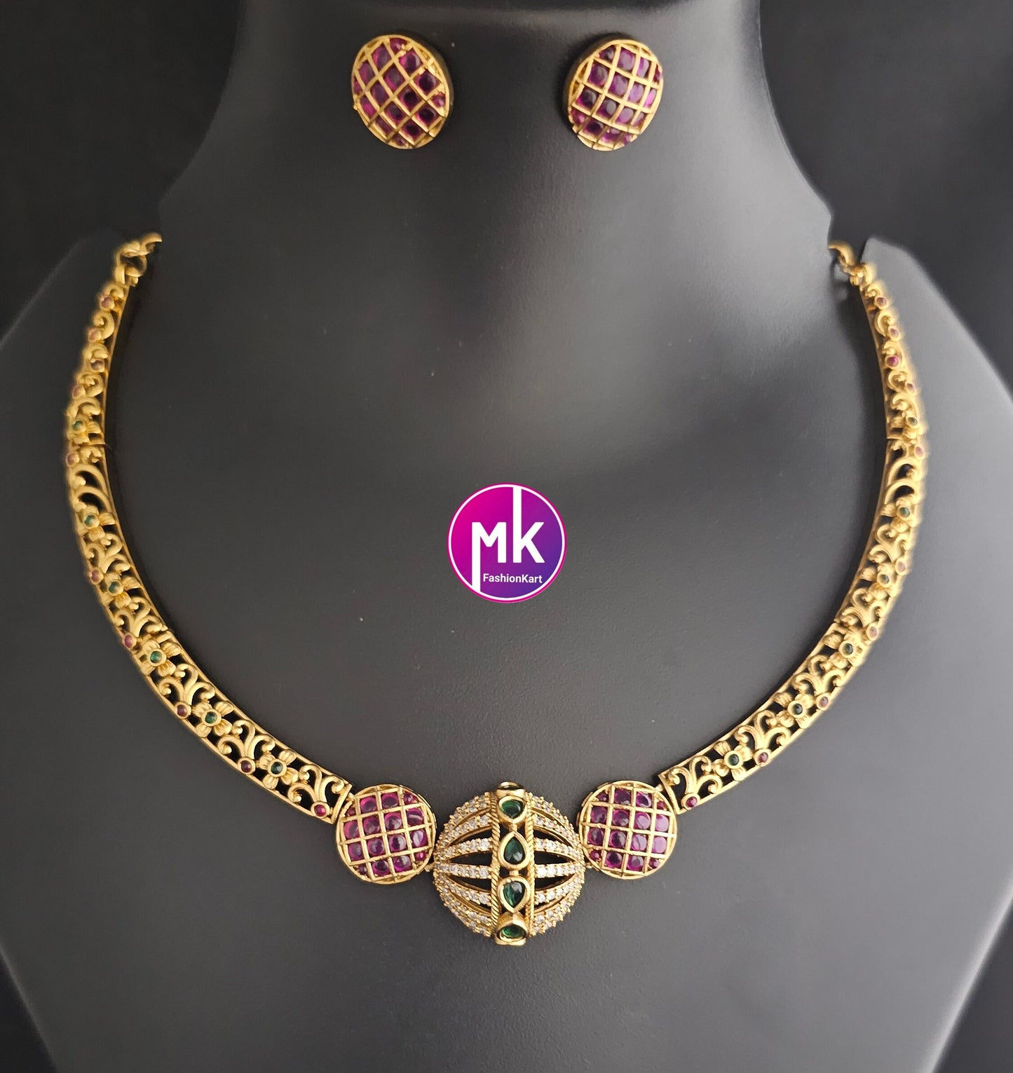 Hasli model Premium Matte gold finish AD stone necklace with matching Earrings - Trendy and Traditional Jewelry - Mk Fashionkart
