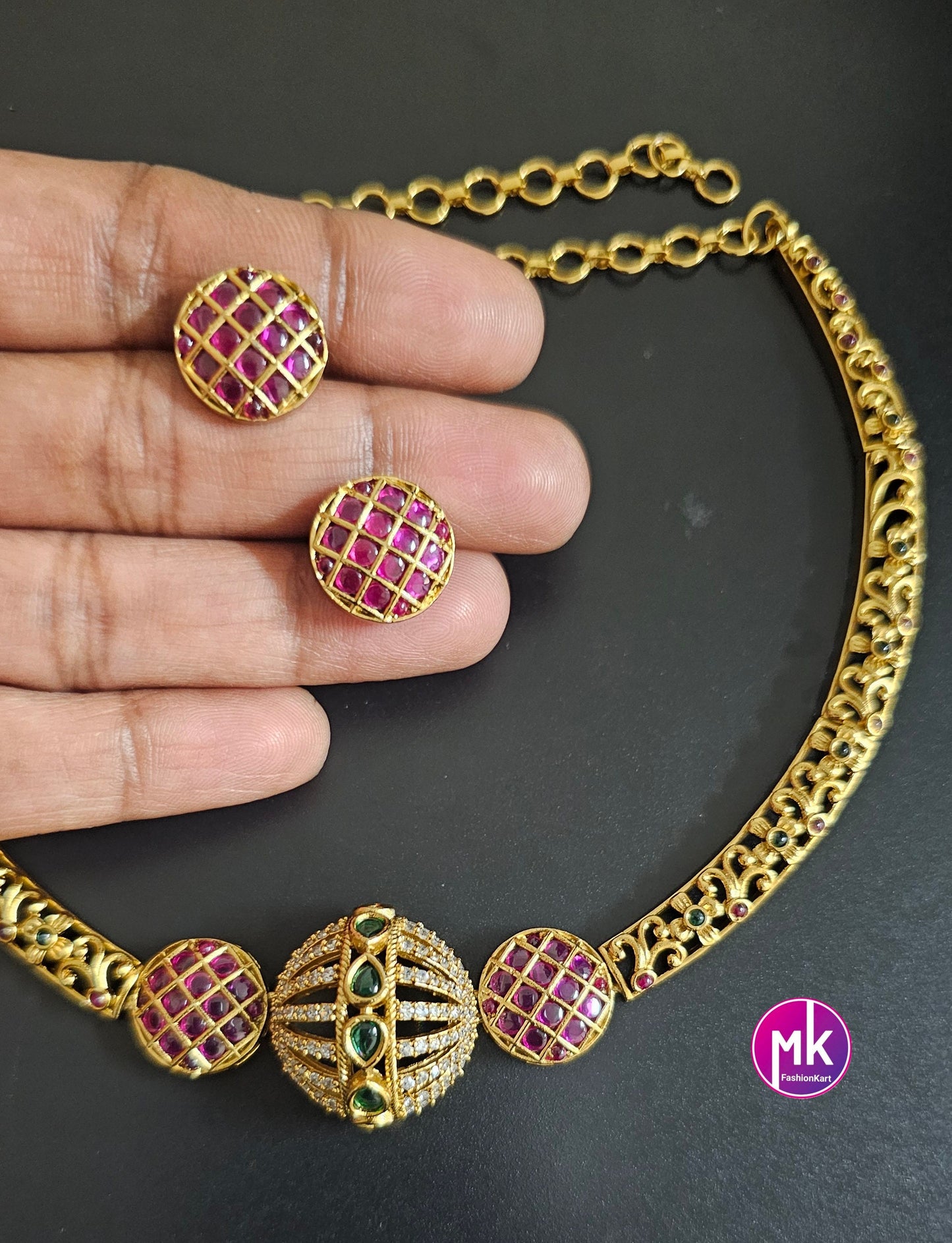 Hasli model Premium Matte gold finish AD stone necklace with matching Earrings - Trendy and Traditional Jewelry - Mk Fashionkart