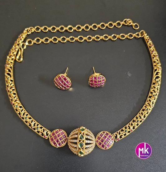 Hasli model Premium Matte gold finish AD stone necklace with matching Earrings - Trendy and Traditional Jewelry - Mk Fashionkart