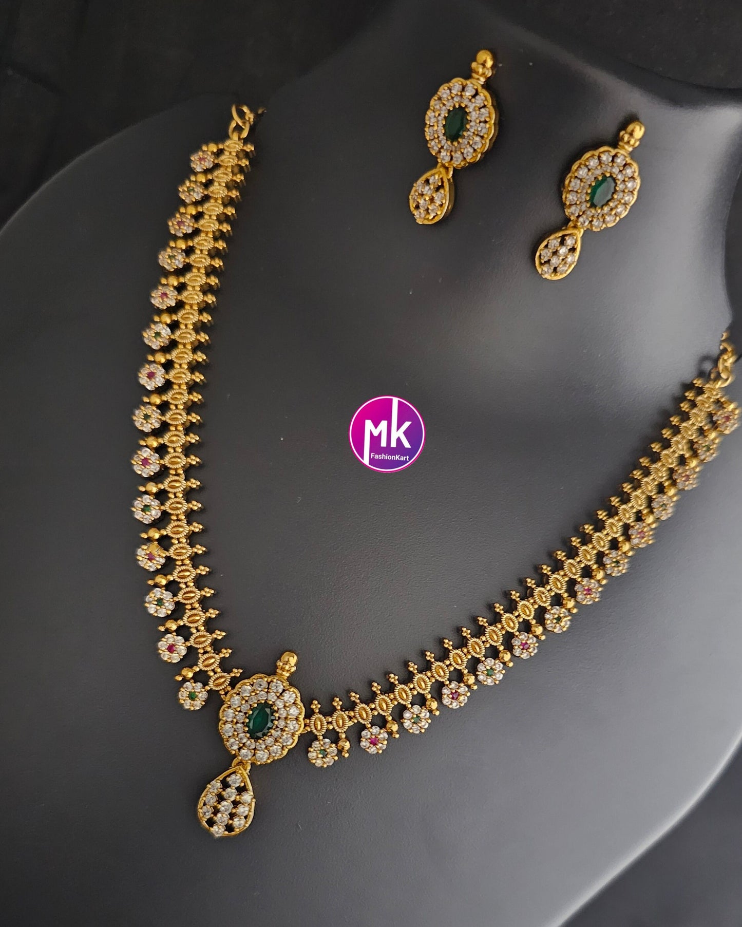 Flower design Matte gold finish AD stone necklace with matching Earrings - Traditional Jewelry - Adult cum Teen Necklace - MK Fashionkart