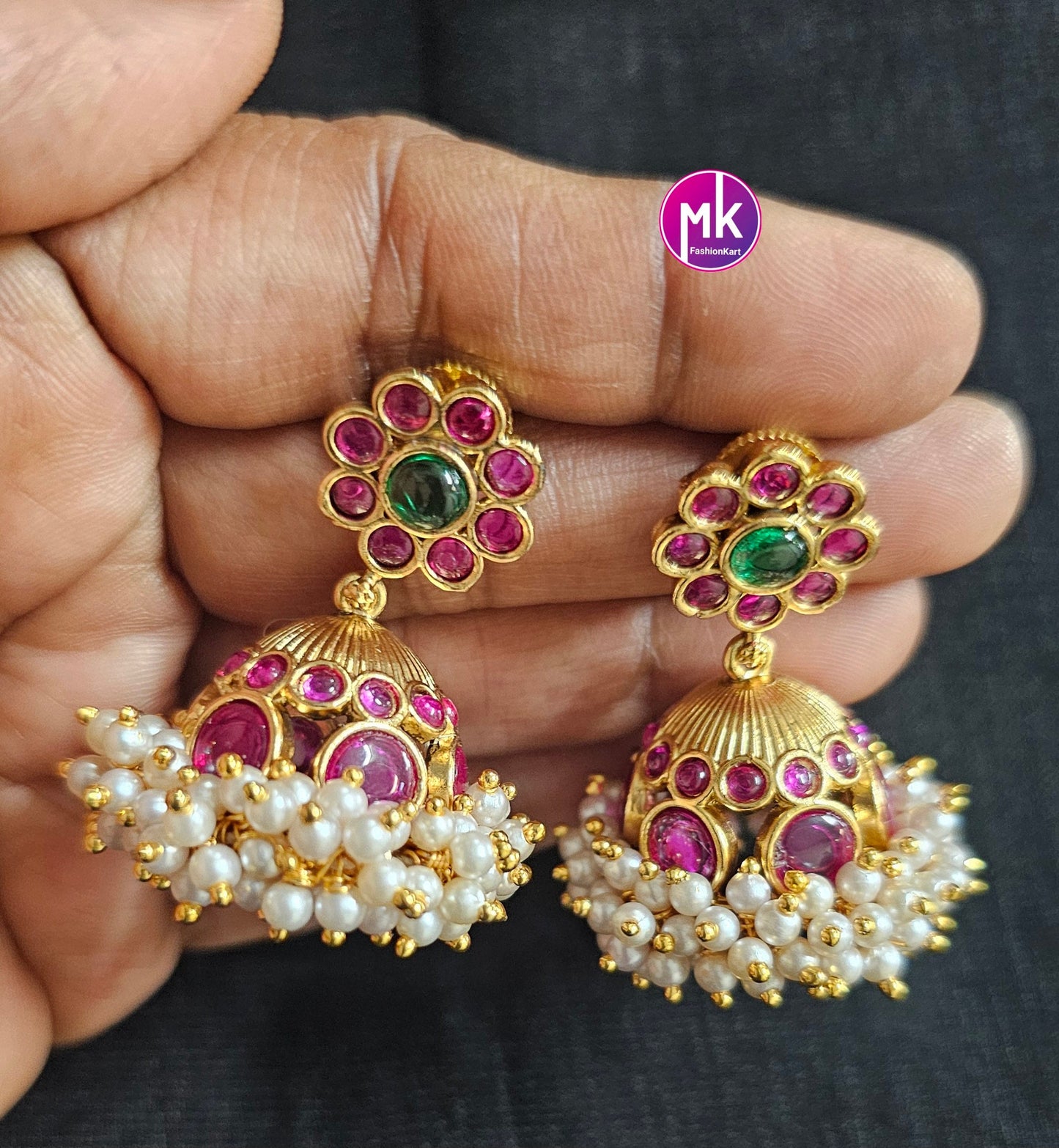 Premium Quality Kemp Stone flower Necklace with Beautiful matching big Jhumkis - Fashion Jewelry - Mk Fashionkart