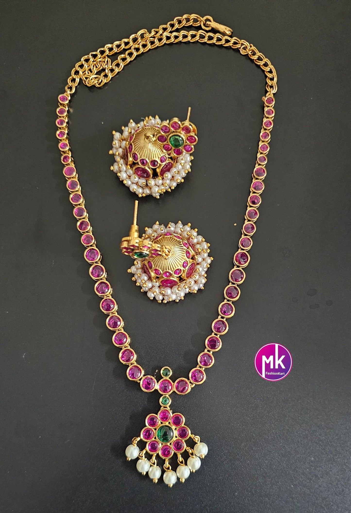 Premium Quality Kemp Stone flower Necklace with Beautiful matching big Jhumkis - Fashion Jewelry - Mk Fashionkart