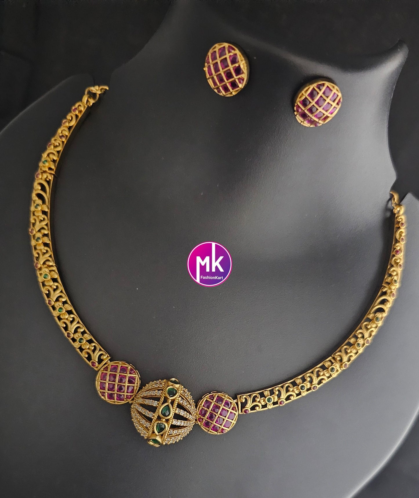Hasli model Premium Matte gold finish AD stone necklace with matching Earrings - Trendy and Traditional Jewelry - Mk Fashionkart