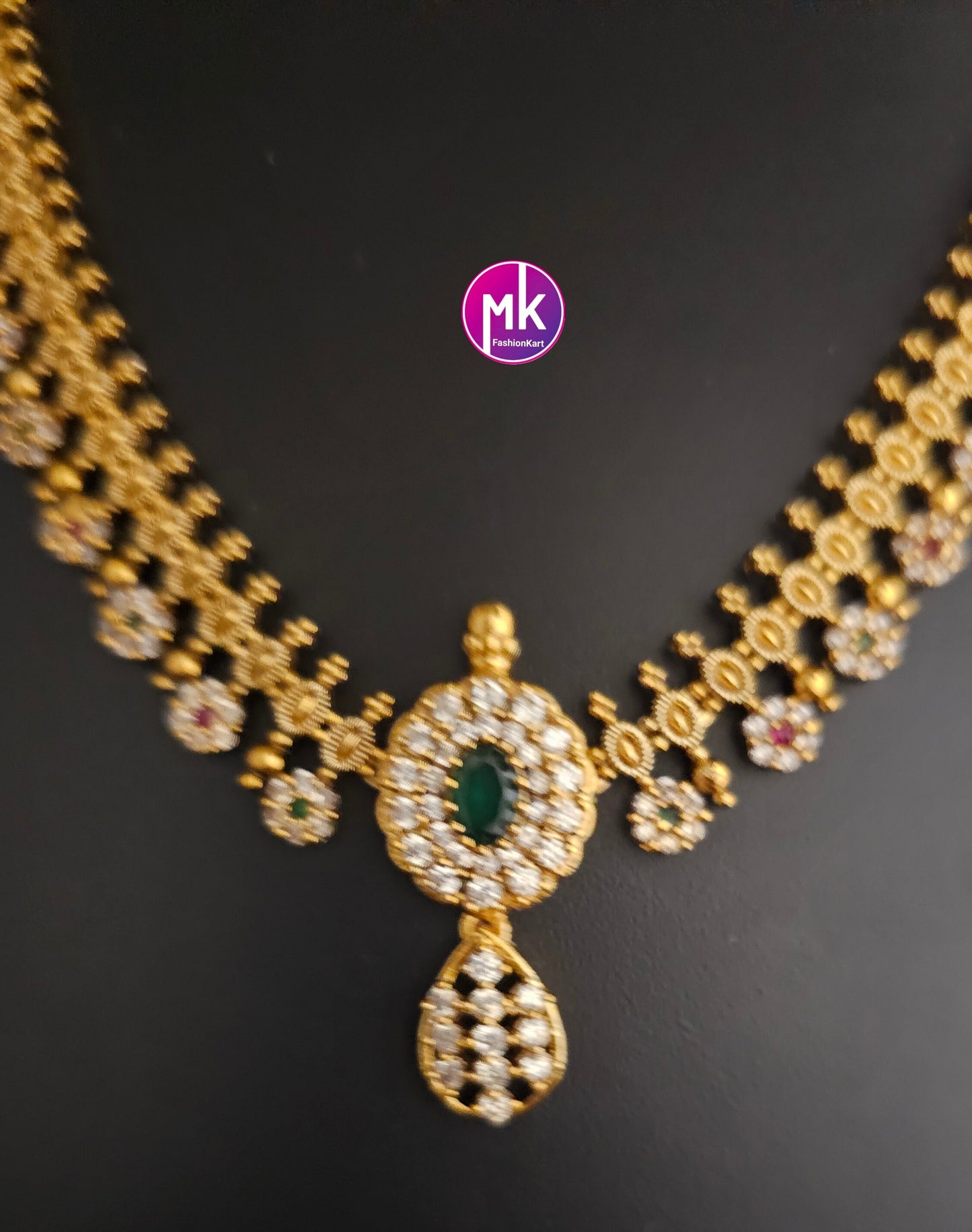 Flower design Matte gold finish AD stone necklace with matching Earrings - Traditional Jewelry - Adult cum Teen Necklace - MK Fashionkart