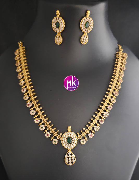 Flower design Matte gold finish AD stone necklace with matching Earrings - Traditional Jewelry - Adult cum Teen Necklace - MK Fashionkart