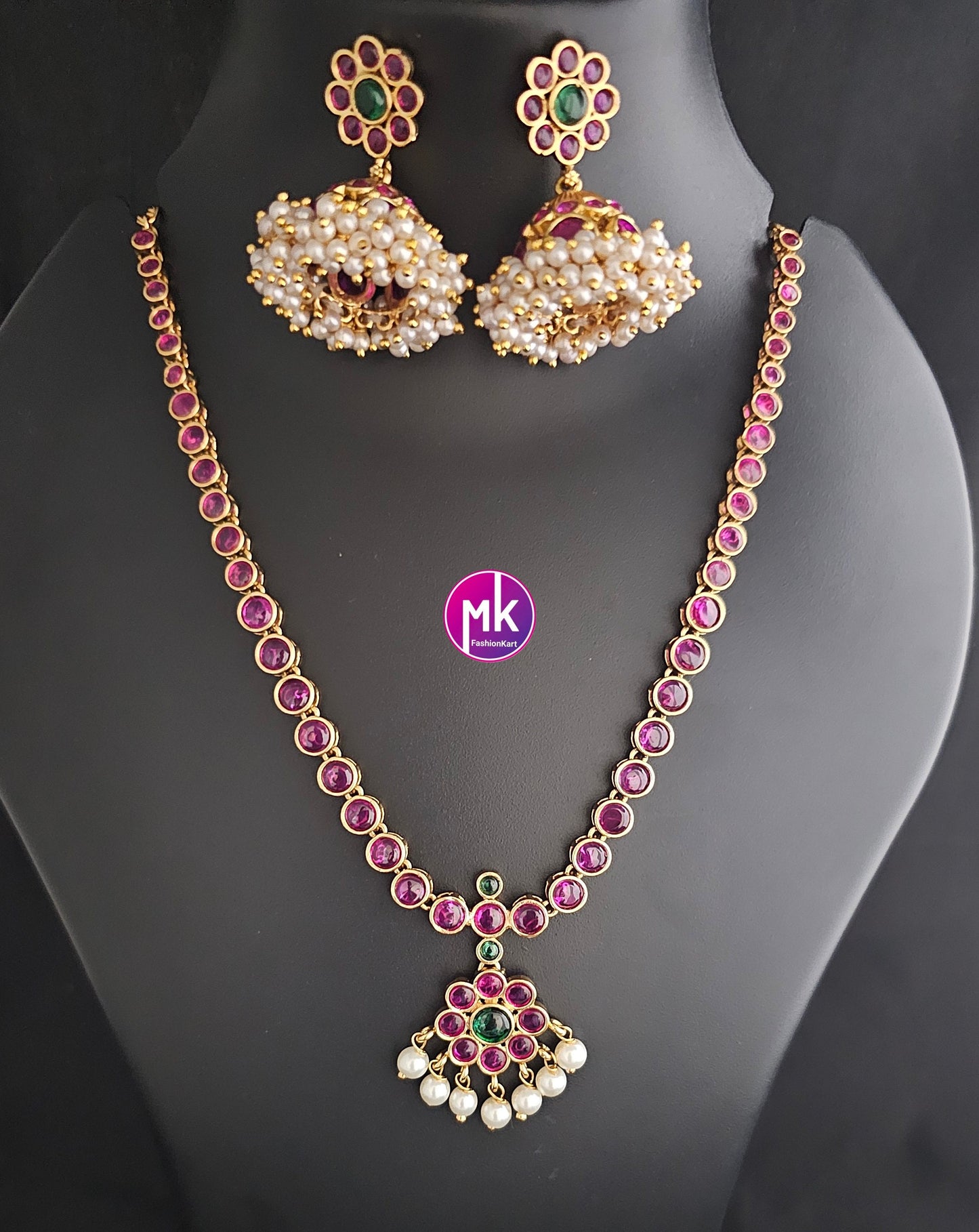 Premium Quality Kemp Stone flower Necklace with Beautiful matching big Jhumkis - Fashion Jewelry - Mk Fashionkart