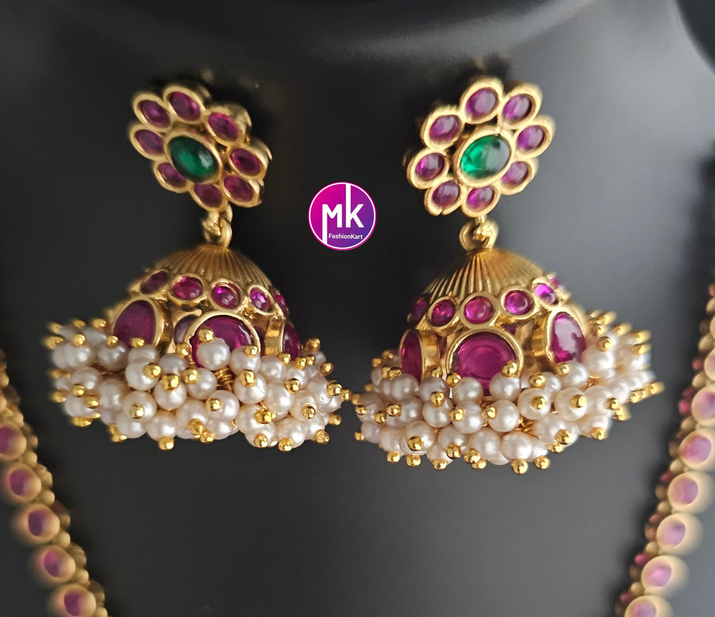 Premium Quality Kemp Stone flower Necklace with Beautiful matching big Jhumkis - Fashion Jewelry - Mk Fashionkart