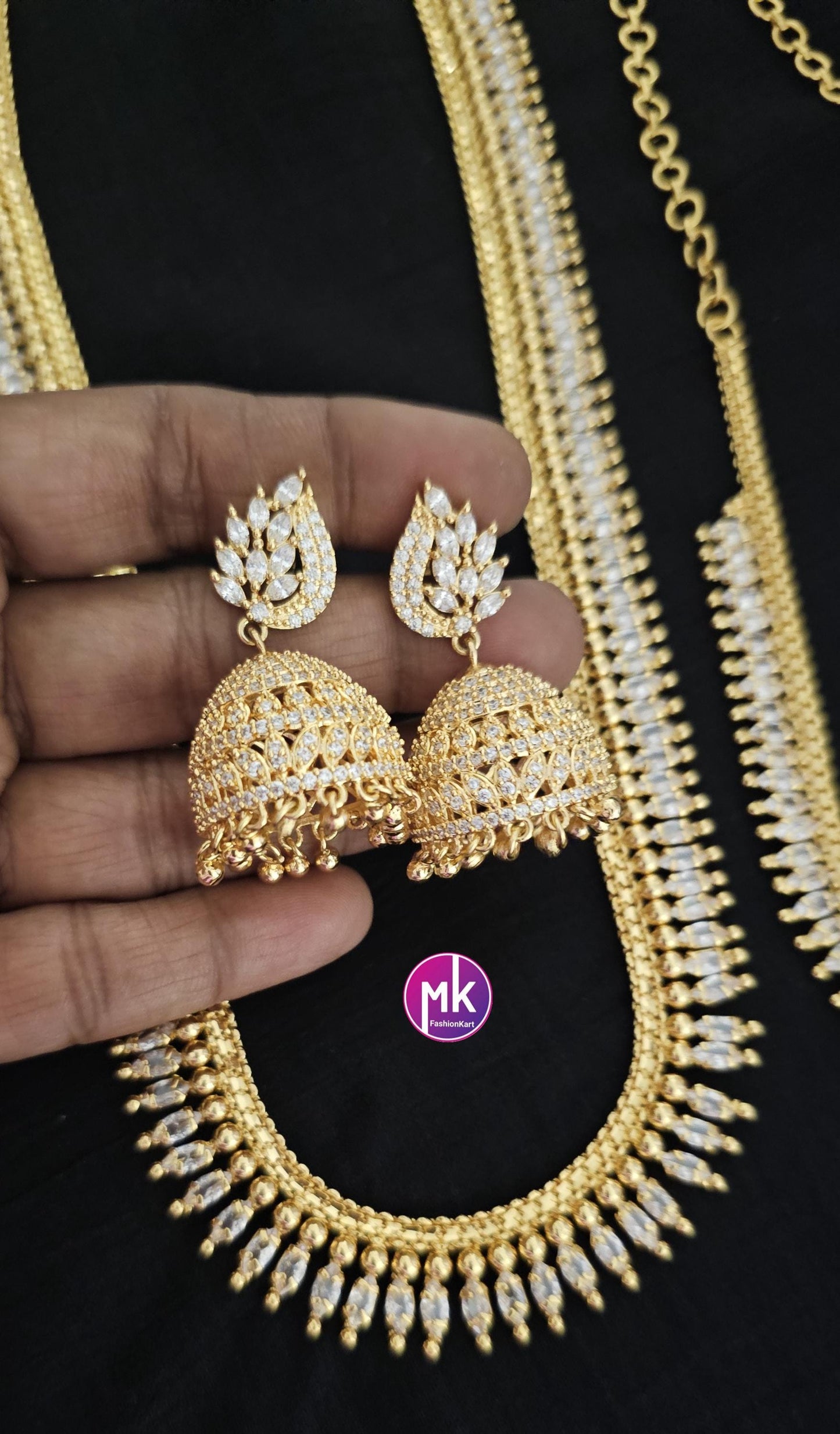 Premium quality Combo AD Gold finish long Haram, Necklace with matching Big Jhumka - Gold Jewelry Replica - Bridal Haram - MK Fashionkart