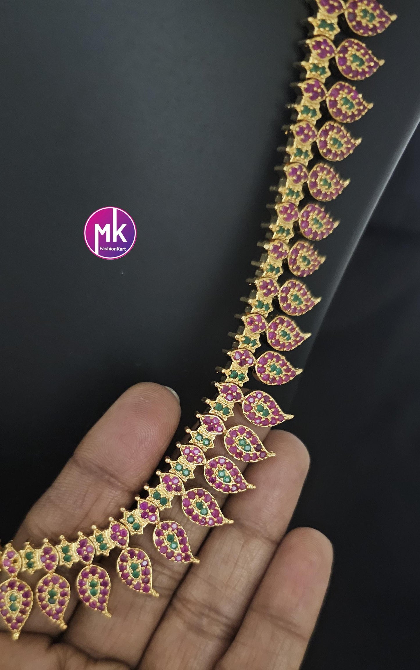 Premium quality Combo AD Ruby Gold finish long Haram, Necklace with matching Earrings - Gold Jewelry Replica - Bridal Combo set