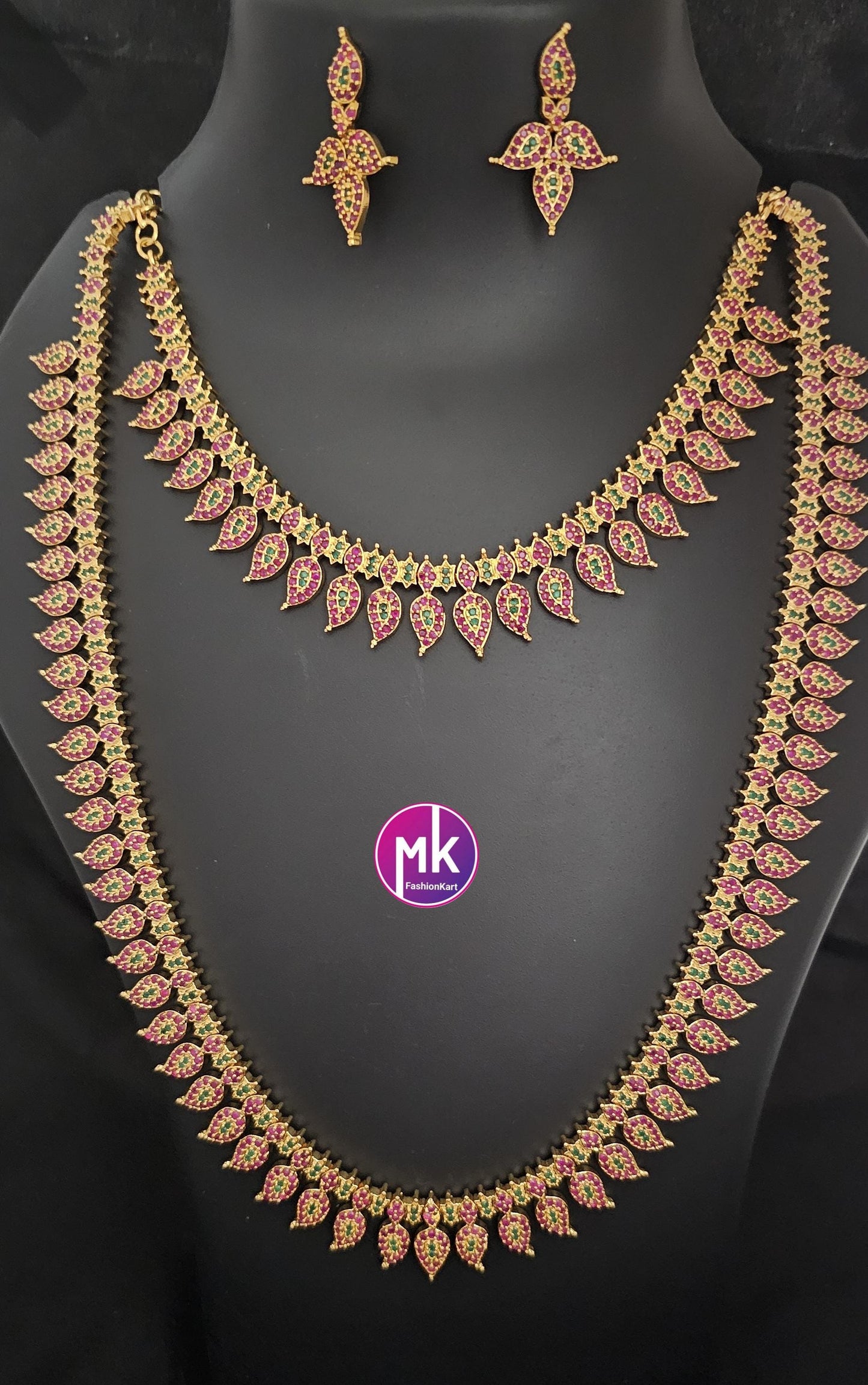 Premium quality Combo AD Ruby Gold finish long Haram, Necklace with matching Earrings - Gold Jewelry Replica - Bridal Combo set