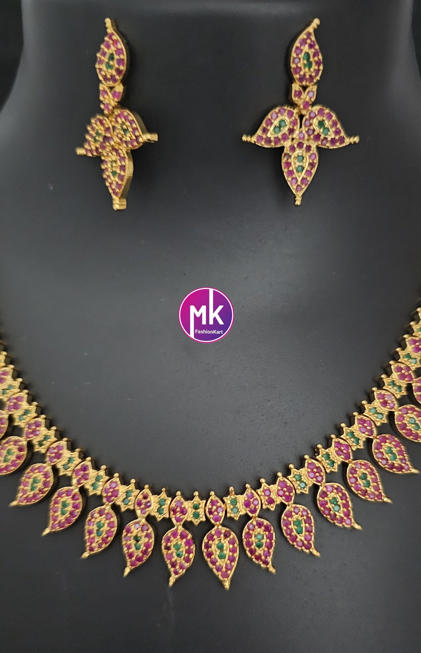 Premium quality Combo AD Ruby Gold finish long Haram, Necklace with matching Earrings - Gold Jewelry Replica - Bridal Combo set
